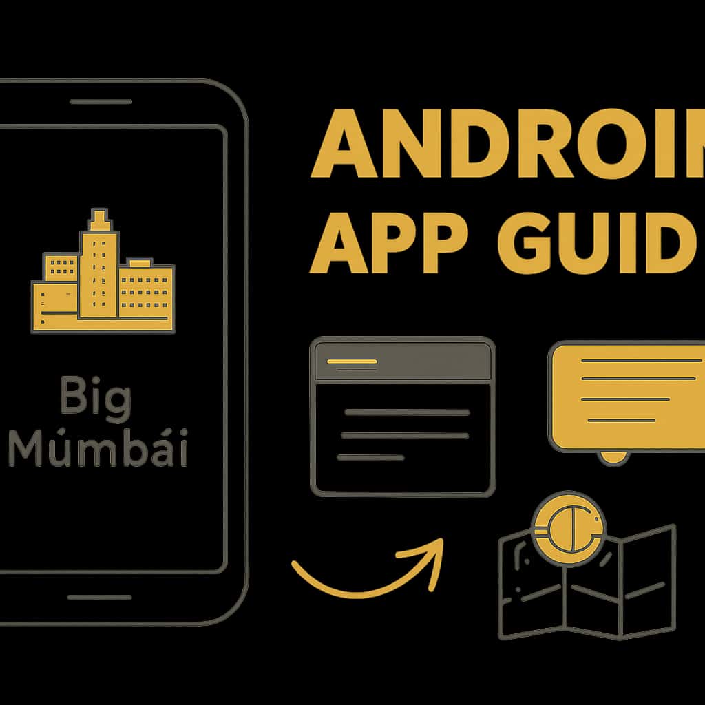 Illustration depicting key features of the Big Mumbai Android App.