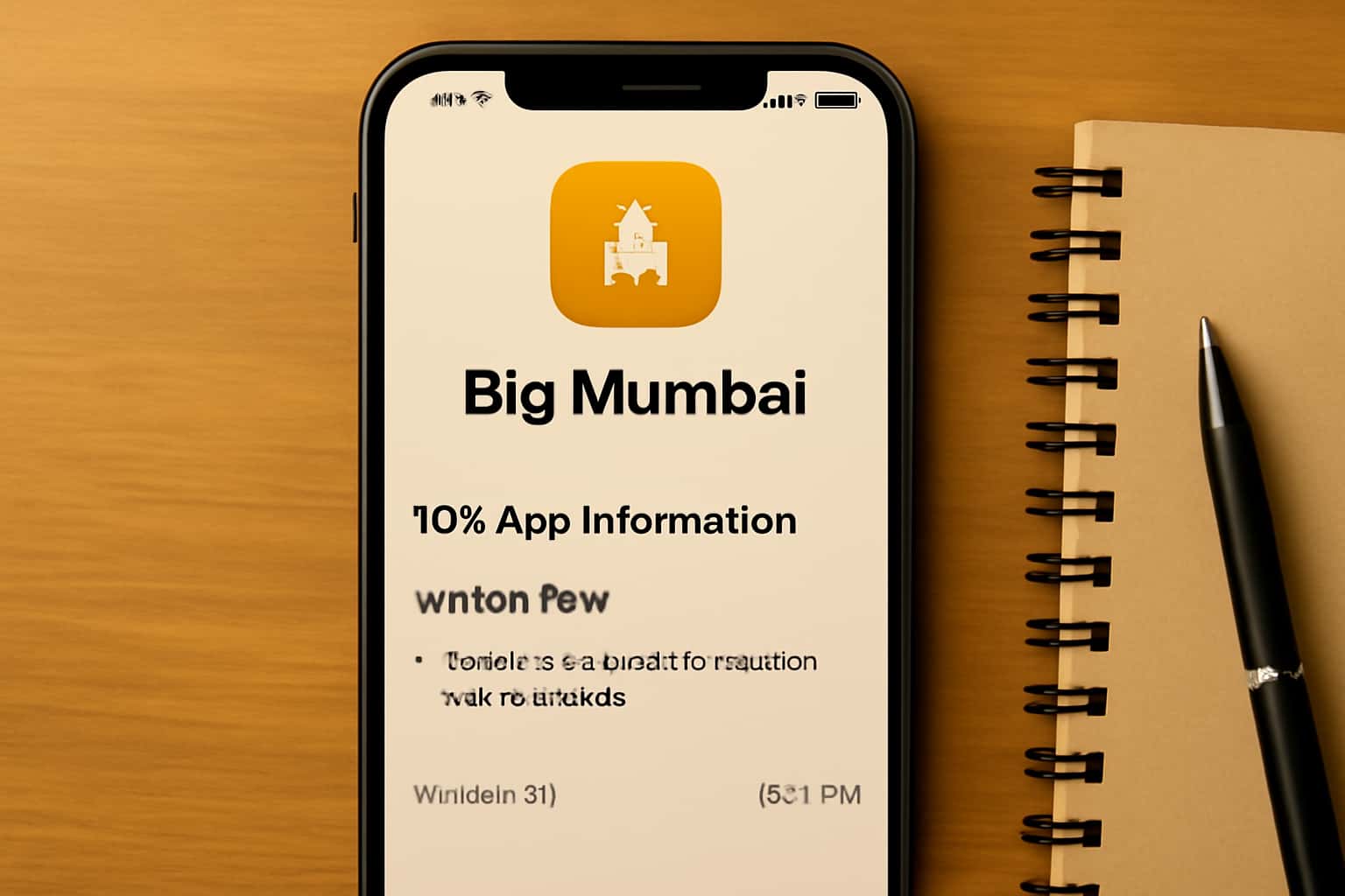 A render showcasing the title Big Mumbai iOS App Information in a high-tech style with #c99914 accents.