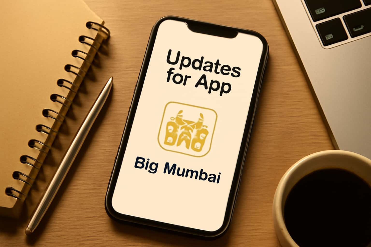 An informative scene depicting updates for the Big Mumbai App with high-tech elements.